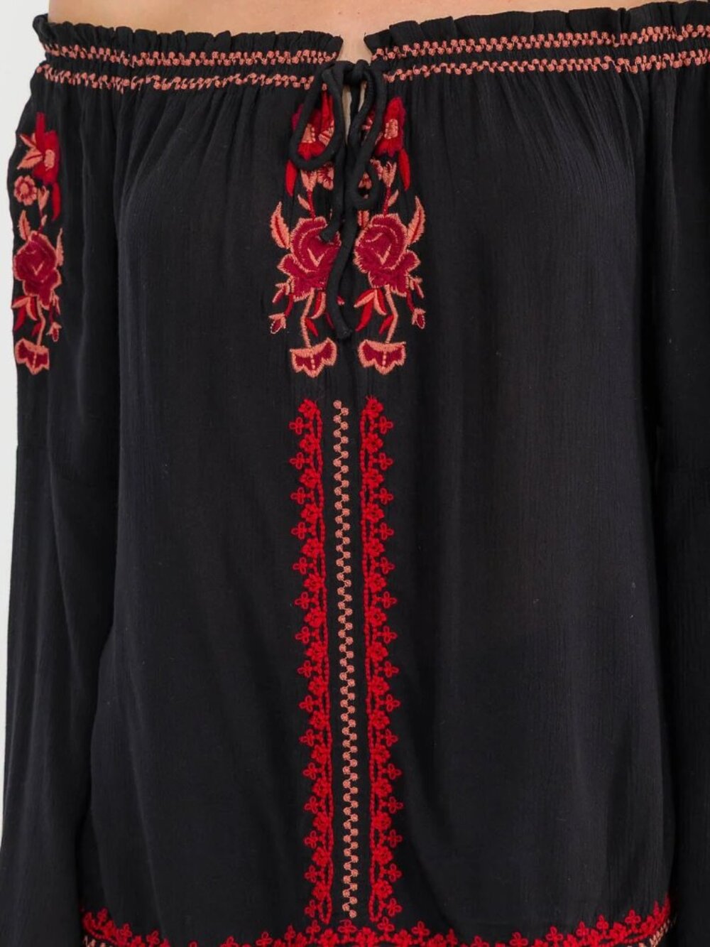 B46 LONG BELL SLEEVE EMBROIDERY DETAILED TUNIC BLOUSE Black NEW - Picture 2 of 4